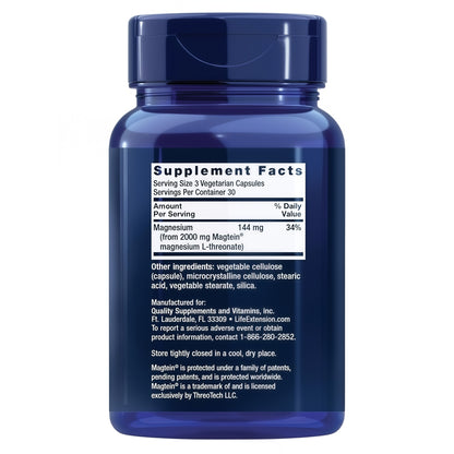Life Extension Neuro-Mag Magnesium L-Threonate, Memory Health, Quick Thinking, Cognitive Health Support, Vegetarian, Non-GMO, 90 Vegetarian Capsules (144 mg from 2000 mg Magtein magnesium L-threonate