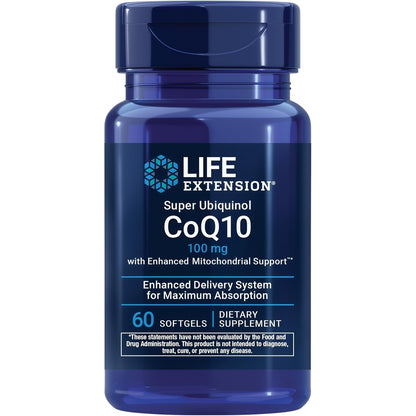 Life Extension Super Ubiquinol CoQ10 with Enhanced Mitochondrial Support, Potent Heart Health & Cellular Energy Production Support, Ultra-absorbable, Gluten-Free, Non-GMO, 100 mg, 60 softgels